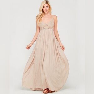Wishlist Women L Boho Maxi Dress Strappy Tan Backless Crochet Flowy Beachy Hippi